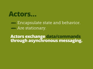Actors… 
Encapsulate state and behavior. 
Are stationary. 
Actors exchange data/commands 
through asynchronous messaging. 
 