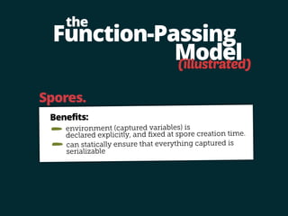 Function-Passing 
Model 
the 
(illustrated) 
Spores. 
Benefits: 
environment (captured variables) is 
declared explicitly, and fixed at spore creation time. 
can statically ensure that everything captured is 
serializable 
 
