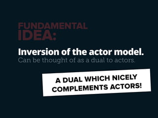 FUNDAMENTAL 
IDEA: 
Inversion of the actor model. 
Can be thought of as a dual to actors. 
A DUAL WHICH NICELY 
COMPLEMENTS ACTORS! 
 