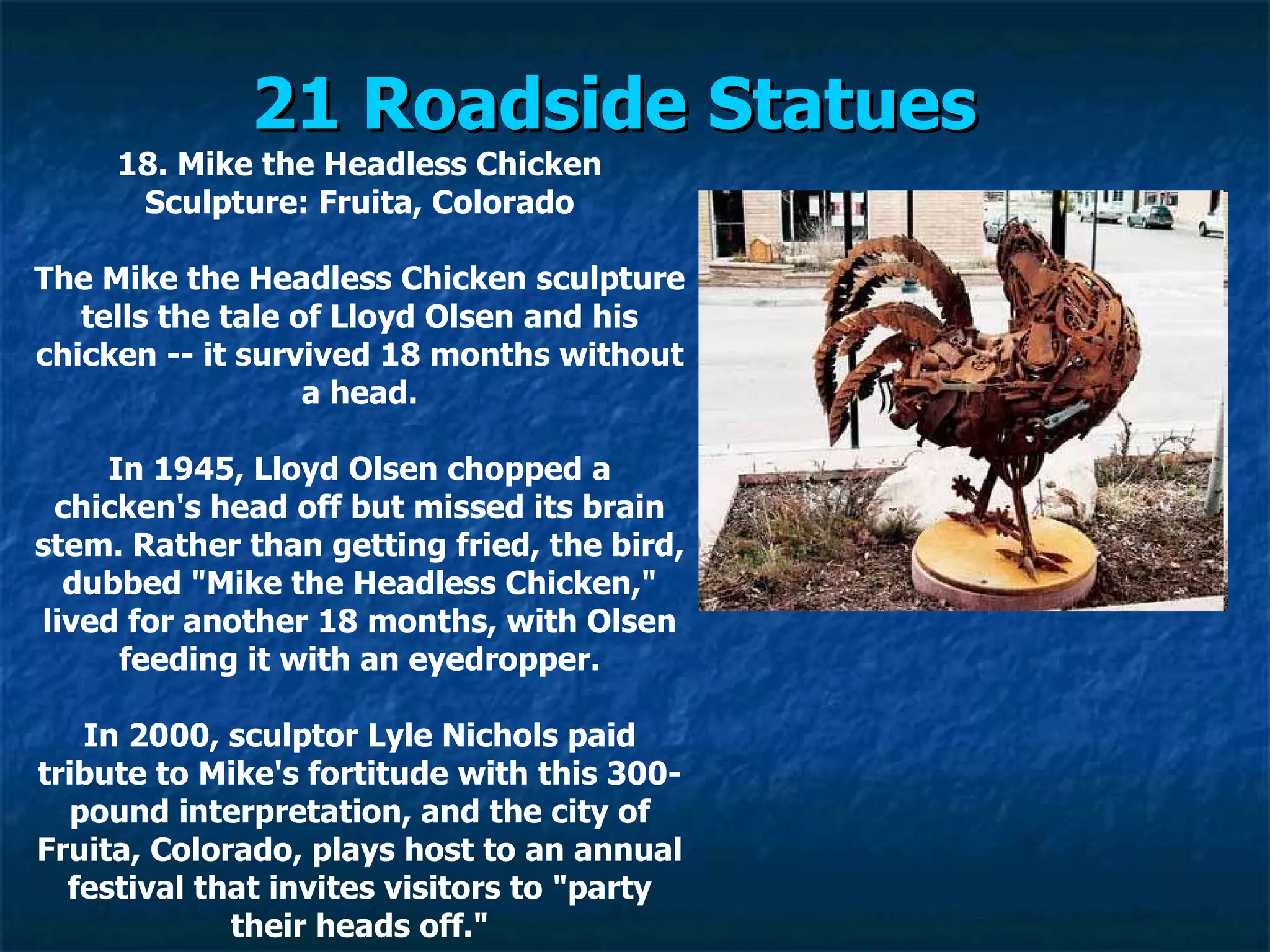 21 Roadside Statues   18. Mike the Headless Chicken Sculpture: Fruita, Colorado The Mike the Headless Chicken sculpture tells the tale of Lloyd Olsen and his chicken -- it survived 18 months without a head. In 1945, Lloyd Olsen chopped a chicken's head off but missed its brain stem. Rather than getting fried, the bird, dubbed "Mike the Headless Chicken," lived for another 18 months, with Olsen feeding it with an eyedropper. In 2000, sculptor Lyle Nichols paid tribute to Mike's fortitude with this 300-pound interpretation, and the city of Fruita, Colorado, plays host to an annual festival that invites visitors to "party their heads off." . 