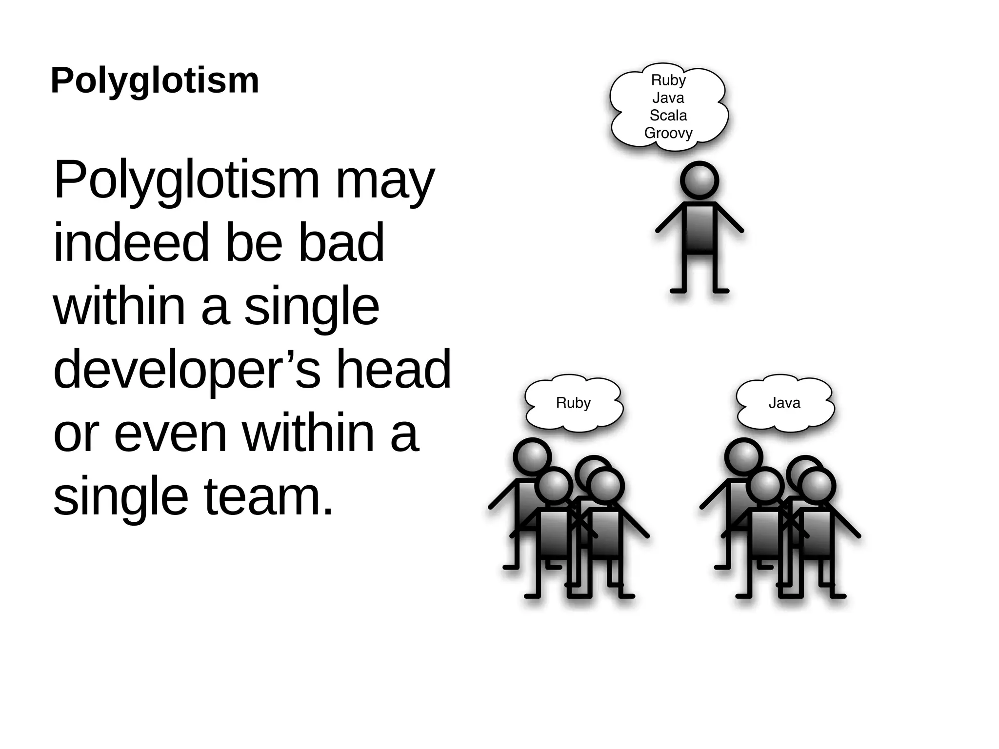 Polyglotism                Ruby
                           Java
                          Scala
                          Groovy


Polyglotism may
indeed be bad
within a single
developer’s head   Ruby            Java

or even within a
single team.
 