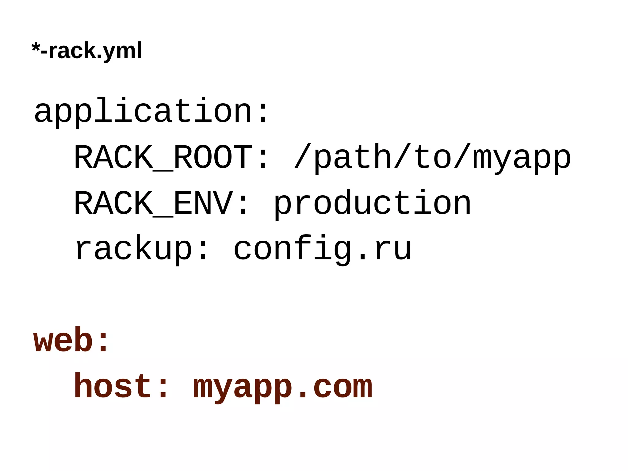 *-rack.yml

application:
  RACK_ROOT: /path/to/myapp
  RACK_ENV: production
  rackup: config.ru

web:
  host: myapp.com
 