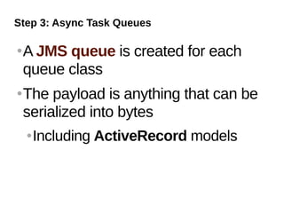 Step 3: Async Task Queues

   A JMS queue is created for each
    queue class
   The payload is anything that can be
    serialized into bytes
       Including ActiveRecord models
 