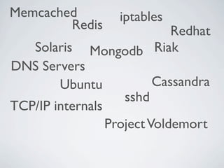 Memcached            iptables
        Redis           Redhat
  Solaris    Mongodb Riak
DNS Servers
       Ubuntu                Cassandra
                      sshd
TCP/IP internals
                   Project Voldemort
 