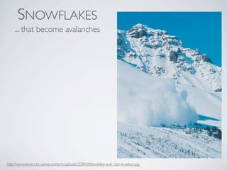 SNOWFLAKES
     ... that become avalanches




http://www.enviro-bc.ca/wp-content/uploads/2009/04/bowlake-aval_clair-israelson.jpg
 
