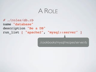 A ROLE
# ./roles/db.rb
name "database"
description "Be a DB"
run_list [ "apache2", "mysql::server" ]


                  ./cookbooks/mysql/recipes/server.rb
 
