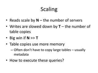 Scaling
• Reads scale by N – the number of servers
• Writes are slowed down by T – the number of
  table copies
• Big win if N >> T
• Table copies use more memory
  – Often don’t have to copy large tables – usually
    metadata
• How to execute these queries?
 