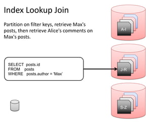 Index Lookup Join
                                              0-99
Partition on filter keys, retrieve Max's      A-I
                                            0-99
posts, then retrieve Alice's comments on   A-I
Max's posts.



                                               100-
 SELECT posts.id                               199
                                              J-R
                                            100-
 FROM posts                                 199
                                           J-R
 WHERE posts.author = 'Max’




                                              200-
                                               299
                                             S-Z
                                            200-
                                            299
                                           S-Z
 
