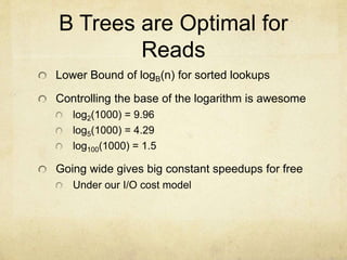 B Trees are Optimal for
Reads
Lower Bound of logB(n) for sorted lookups
Controlling the base of the logarithm is awesome
log2(1000) = 9.96
log5(1000) = 4.29
log100(1000) = 1.5
Going wide gives big constant speedups for free
Under our I/O cost model
 