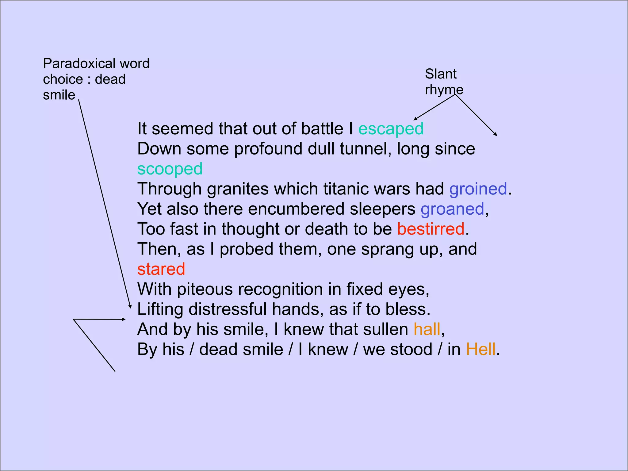 Paradoxical word
choice : dead                                       Slant
smile                                               rhyme

              It seemed that out of battle I escaped
              Down some profound dull tunnel, long since
              scooped
              Through granites which titanic wars had groined.
              Yet also there encumbered sleepers groaned,
              Too fast in thought or death to be bestirred.
              Then, as I probed them, one sprang up, and
              stared
              With piteous recognition in fixed eyes,
              Lifting distressful hands, as if to bless.
              And by his smile, I knew that sullen hall,
              By his / dead smile / I knew / we stood / in Hell.
 