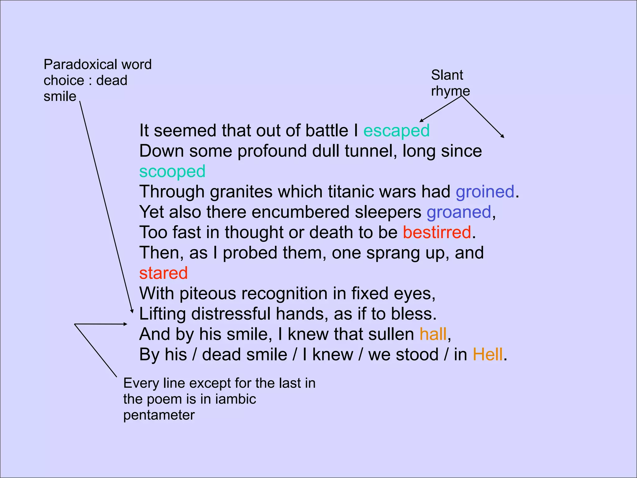 Paradoxical word
choice : dead                                       Slant
smile                                               rhyme

              It seemed that out of battle I escaped
              Down some profound dull tunnel, long since
              scooped
              Through granites which titanic wars had groined.
              Yet also there encumbered sleepers groaned,
              Too fast in thought or death to be bestirred.
              Then, as I probed them, one sprang up, and
              stared
              With piteous recognition in fixed eyes,
              Lifting distressful hands, as if to bless.
              And by his smile, I knew that sullen hall,
              By his / dead smile / I knew / we stood / in Hell.
           Every line except for the last in
           the poem is in iambic
           pentameter
 