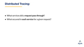 Distributed Tracing:
● What services did a request pass through?
● What occured in each service for a given request?
 
