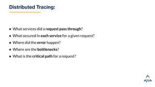 Distributed Tracing:
● What services did a request pass through?
● What occured in each service for a given request?
● Where did the error happen?
● Where are the bottlenecks?
● What is the critical path for a request?
 