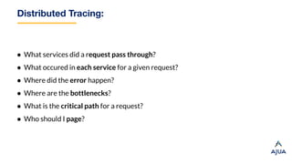 Distributed Tracing:
● What services did a request pass through?
● What occured in each service for a given request?
● Where did the error happen?
● Where are the bottlenecks?
● What is the critical path for a request?
● Who should I page?
 