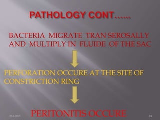 BACTERIA MIGRATE TRAN SEROSALLY
AND MULTIPLY IN FLUIDE OF THE SAC
PERFORATION OCCURE AT THE SITE OF
CONSTRICTION RING
PERITONITIS OCCURE25-8-2015 24
 