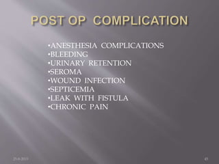 •ANESTHESIA COMPLICATIONS
•BLEEDING
•URINARY RETENTION
•SEROMA
•WOUND INFECTION
•SEPTICEMIA
•LEAK WITH FISTULA
•CHRONIC PAIN
25-8-2015 45
 