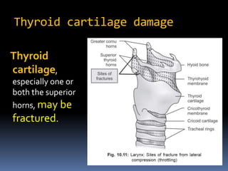 Thyroid cartilage damage
Thyroid
cartilage,
especially one or
both the superior
horns, may be
fractured.
 