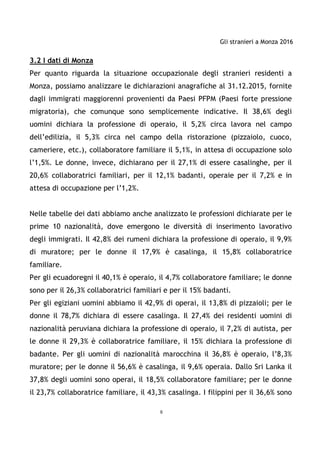 Gli stranieri a Monza 2016
8
3.2 I dati di Monza
Per quanto riguarda la situazione occupazionale degli stranieri residenti a
Monza, possiamo analizzare le dichiarazioni anagrafiche al 31.12.2015, fornite
dagli immigrati maggiorenni provenienti da Paesi PFPM (Paesi forte pressione
migratoria), che comunque sono semplicemente indicative. Il 38,6% degli
uomini dichiara la professione di operaio, il 5,2% circa lavora nel campo
dell’edilizia, il 5,3% circa nel campo della ristorazione (pizzaiolo, cuoco,
cameriere, etc.), collaboratore familiare il 5,1%, in attesa di occupazione solo
l’1,5%. Le donne, invece, dichiarano per il 27,1% di essere casalinghe, per il
20,6% collaboratrici familiari, per il 12,1% badanti, operaie per il 7,2% e in
attesa di occupazione per l’1,2%.
Nelle tabelle dei dati abbiamo anche analizzato le professioni dichiarate per le
prime 10 nazionalità, dove emergono le diversità di inserimento lavorativo
degli immigrati. Il 42,8% dei rumeni dichiara la professione di operaio, il 9,9%
di muratore; per le donne il 17,9% è casalinga, il 15,8% collaboratrice
familiare.
Per gli ecuadoregni il 40,1% è operaio, il 4,7% collaboratore familiare; le donne
sono per il 26,3% collaboratrici familiari e per il 15% badanti.
Per gli egiziani uomini abbiamo il 42,9% di operai, il 13,8% di pizzaioli; per le
donne il 78,7% dichiara di essere casalinga. Il 27,4% dei residenti uomini di
nazionalità peruviana dichiara la professione di operaio, il 7,2% di autista, per
le donne il 29,3% è collaboratrice familiare, il 15% dichiara la professione di
badante. Per gli uomini di nazionalità marocchina il 36,8% è operaio, l’8,3%
muratore; per le donne il 56,6% è casalinga, il 9,6% operaia. Dallo Sri Lanka il
37,8% degli uomini sono operai, il 18,5% collaboratore familiare; per le donne
il 23,7% collaboratrice familiare, il 43,3% casalinga. I filippini per il 36,6% sono
 