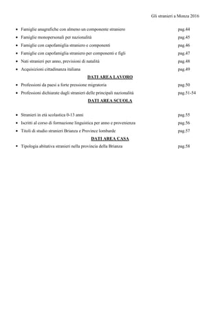 Gli stranieri a Monza 2016
• Famiglie anagrafiche con almeno un componente straniero pag.44
• Famiglie monopersonali per nazionalità pag.45
• Famiglie con capofamiglia straniero e componenti pag.46
• Famiglie con capofamiglia straniero per componenti e figli pag.47
• Nati stranieri per anno, previsioni di natalità pag.48
• Acquisizioni cittadinanza italiana pag.49
DATI AREA LAVORO
• Professioni da paesi a forte pressione migratoria pag.50
• Professioni dichiarate dagli stranieri delle principali nazionalità pag.51-54
DATI AREA SCUOLA
• Stranieri in età scolastica 0-13 anni pag.55
• Iscritti al corso di formazione linguistica per anno e provenienza pag.56
• Titoli di studio stranieri Brianza e Province lombarde pag.57
DATI AREA CASA
Tipologia abitativa stranieri nella provincia della Brianza pag.58
 