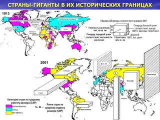 СТРАНЫ-ГИГАНТЫ В ИХ ИСТОРИЧЕСКИХ ГРАНИЦАХ
1913
2001
Категории стран по среднему
агрегату размера (САР)
Ранги стран по
среднему индексу
размера (СИР)
 