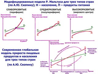Модифицированные модели Р. Мальтуса для трех типов стран
(по А.Ю. Скопину); Н – население, П – продукты питания
Современная глобальная
модель прироста пищевых
продуктов и населения
для трех типов стран
(по А.Ю. Скопину)
СЛАБОРАЗВИТЫЕ
(периферия)
СРЕДНЕРАЗВИТЫЕ
(полупериферия)
ВЫСОКОРАЗВИТЫЕ
(мирового центра)
 