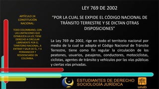 LEY 769 DE 2002 “POR LA CUAL SE EXPIDE EL CÓDIGO NACIONAL DE TRÁNSITO TERRESTRE Y SE DICTAN OTRAS DISPOSICIONES” La Ley 769 de 2002, rige en todo el territorio nacional por medio de la cual se adopta el Código Nacional de Tránsito Terrestre, tiene como fin regular la circulación de los peatones, usuarios, pasajeros, conductores, motociclistas, ciclistas, agentes de tránsito y vehículos por las vías públicas y ciertas vías privadas. ARTÍCULO 24 CONSTITUCIÓN NACIONAL: TODO COLOMBIANO, CON LAS LIMITACIONES QUE ESTABLEZCA LA LEY, TIENE DERECHO A CIRCULAR LIBREMENTE POR EL TERRITORIO NACIONAL, A ENTRAR Y SALIR DE ÉL, Y A PERMANECER Y RESIDENCIARSE EN COLOMBIA. 