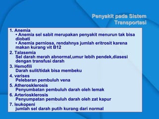 Penyakit pada Sistem
Transportasi
1. Anemia
• Anemia sel sabit merupakan penyakit menurun tak bisa
diobati
• Anemia perniosa, rendahnya jumlah eritrosit karena
makan kurang vit B12
2. Talasemia
Sel darah merah abnormal,umur lebih pendek,diasesi
dengan transfusi darah
3. Hemofili
Darah sulit/tidak bisa membeku
4. varises
Pelebaran pembuluh vena
5. Atherosklerosis
Penyumbatan pembuluh darah oleh lemak
6. Arteriosklerosis
Penyumpatan pembuluh darah oleh zat kapur
7. leukopeni
jumlah sel darah putih kurang dari normal
 