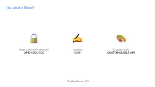 Headless
CMS
Strapi is the most advanced
OPEN SOURCE
To quickly build
CUSTOMIZABLE API
🔓 ✍ 🎨
So, what is Strapi?
The WordPress of API
 