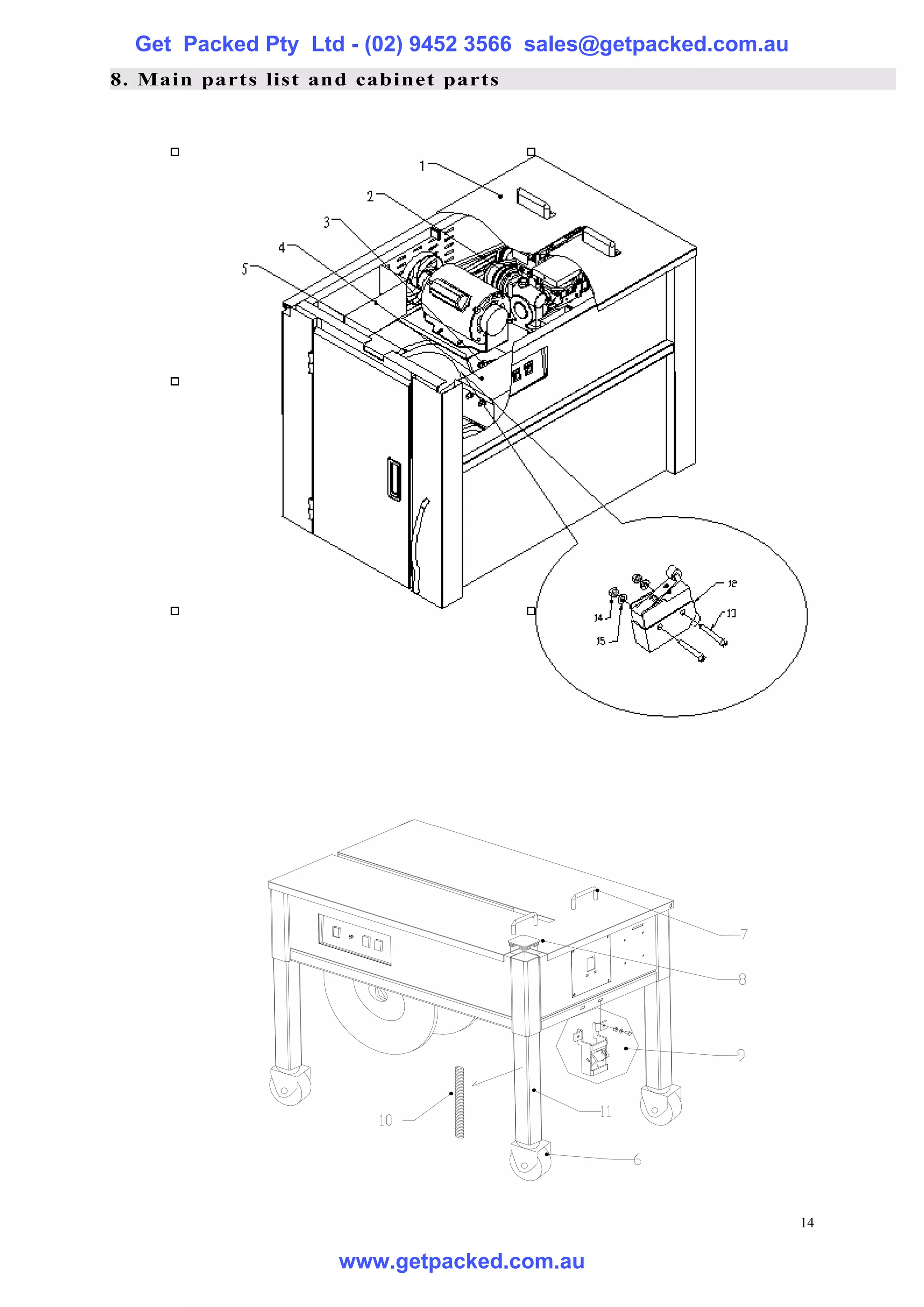 Get Packed Pty Ltd - (02) 9452 3566 sales@getpacked.com.au
8. Main parts list and cabinet parts




                                                               14

                     www.getpacked.com.au
 