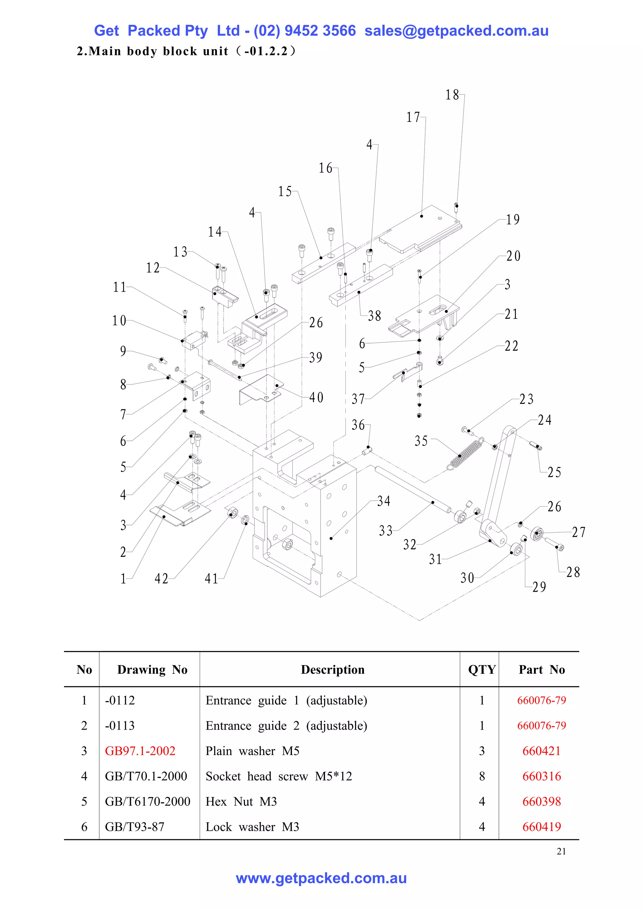 Get Packed Pty Ltd - (02) 9452 3566 sales@getpacked.com.au
2.Main body block unit （ -01.2.2）


                                                                            18
                                                                  17
                                                         4
                                             16
                                     15
                                4                                                      19
                         14
                    13                                                                 20
              12
       11                                                                              3

       10                                                38                            21
                                            26
                                                    6                                  22
        9                                   39
                                                    5
        8
                                            40     37                                      23
        7                                                                                       24
                                                   36
        6                                                          35
        5                                                                                        25
        4                                                    34                                  26
        3                                                    33                                           27
        2                                                         32
                                                                       31
        1      42        41                                                  30                       28
                                                                                             29




No      Drawing No                         Description                           QTY       Part No

1     -0112              Entrance guide 1 (adjustable)                            1        660076-79

2     -0113              Entrance guide 2 (adjustable)                            1        660076-79

3     GB97.1-2002        Plain washer M5                                          3         660421
4     GB/T70.1-2000      Socket head screw M5*12                                  8         660316
5     GB/T6170-2000      Hex Nut M3                                               4         660398
6     GB/T93-87          Lock washer M3                                           4         660419
                                                                                                     21

                              www.getpacked.com.au
 