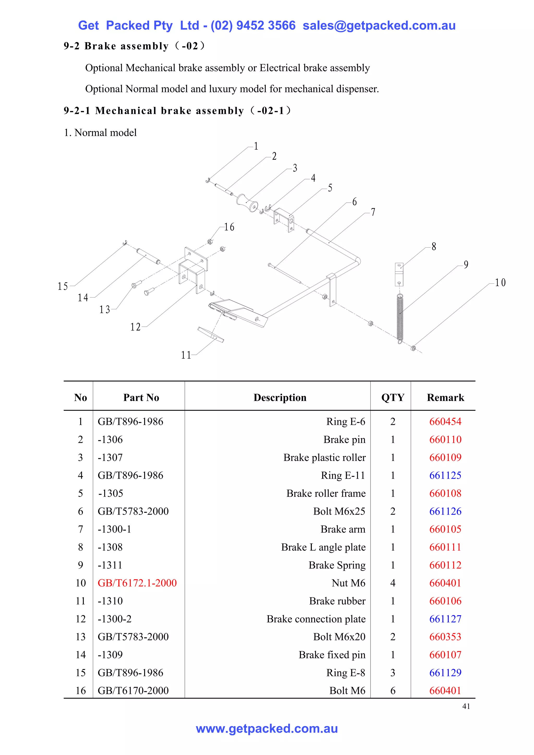Get Packed Pty Ltd - (02) 9452 3566 sales@getpacked.com.au
 9-2 Brake assembly（ -02）

         Optional Mechanical brake assembly or Electrical brake assembly
         Optional Normal model and luxury model for mechanical dispenser.

 9-2-1 Mechanical brake assembly（ -02-1 ）

 1. Normal model
                                              1
                                                   2
                                                         3
                                                               4
                                                                    5
                                                                         6
                                                                               7
                                       16
                                                                                         8
                                                                                                  9
15                                                                                                     10
     14
           13
                    12

                              11


     No            Part No                    Description                          QTY   Remark

     1     GB/T896-1986                                             Ring E-6        2    660454
     2     -1306                                                   Brake pin        1    660110
     3     -1307                                       Brake plastic roller         1    660109
     4     GB/T896-1986                                            Ring E-11        1    661125
     5     -1305                                        Brake roller frame          1    660108
     6     GB/T5783-2000                                        Bolt M6x25          2    661126
     7     -1300-1                                                 Brake arm        1    660105
     8     -1308                                       Brake L angle plate          1    660111
     9     -1311                                               Brake Spring         1    660112
     10    GB/T6172.1-2000                                           Nut M6         4    660401
     11    -1310                                               Brake rubber         1    660106
     12    -1300-2                                Brake connection plate            1    661127
     13    GB/T5783-2000                                        Bolt M6x20          2    660353
     14    -1309                                             Brake fixed pin        1    660107
     15    GB/T896-1986                                             Ring E-8        3    661129
     16    GB/T6170-2000                                            Bolt M6         6    660401
                                                                                                  41

                                   www.getpacked.com.au
 