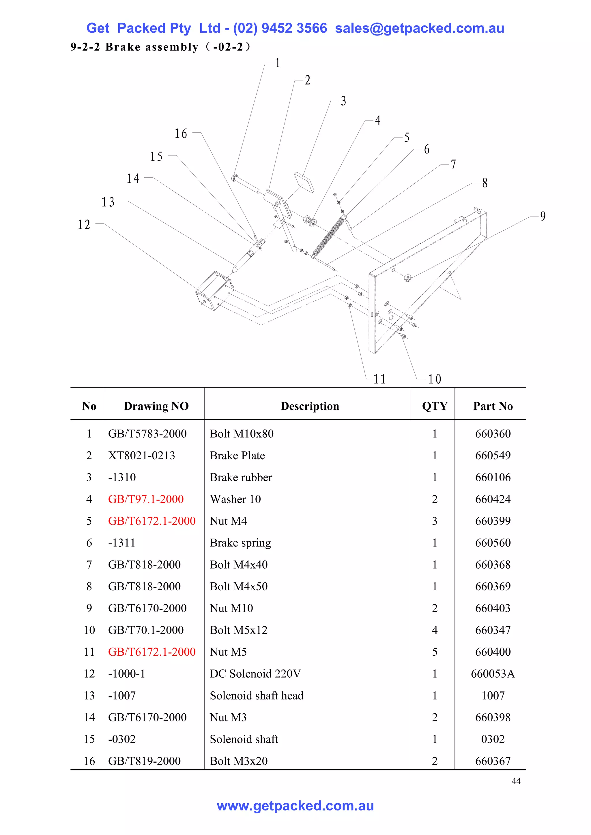 Get Packed Pty Ltd - (02) 9452 3566 sales@getpacked.com.au
9-2-2 Brake assembly（ -02-2）
                                          1
                                                 2
                                                          3
                                                              4
                      16                                           5
                                                                       6
                 15
                                                                               7
           14                                                                       8
      13
                                                                                                 9
12




                                                              11       10
 No        Drawing NO                       Description                QTY         Part No

  1    GB/T5783-2000       Bolt M10x80                                     1       660360
  2    XT8021-0213         Brake Plate                                     1       660549
  3    -1310               Brake rubber                                    1       660106
  4    GB/T97.1-2000       Washer 10                                       2       660424
  5    GB/T6172.1-2000     Nut M4                                          3       660399
  6    -1311               Brake spring                                    1       660560
  7    GB/T818-2000        Bolt M4x40                                      1       660368
  8    GB/T818-2000        Bolt M4x50                                      1       660369
  9    GB/T6170-2000       Nut M10                                         2       660403
 10    GB/T70.1-2000       Bolt M5x12                                      4       660347
 11    GB/T6172.1-2000     Nut M5                                          5       660400
 12    -1000-1             DC Solenoid 220V                                1       660053A
 13    -1007               Solenoid shaft head                             1        1007
 14    GB/T6170-2000       Nut M3                                          2       660398
 15    -0302               Solenoid shaft                                  1        0302
 16    GB/T819-2000        Bolt M3x20                                      2       660367
                                                                                            44

                            www.getpacked.com.au
 