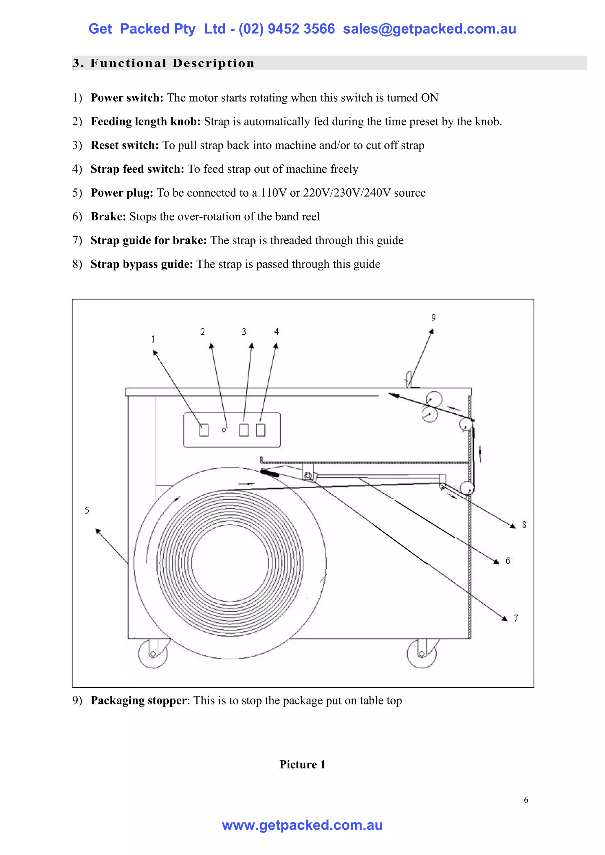 Get Packed Pty Ltd - (02) 9452 3566 sales@getpacked.com.au

3. Functional Description

1) Power switch: The motor starts rotating when this switch is turned ON
2) Feeding length knob: Strap is automatically fed during the time preset by the knob.
3) Reset switch: To pull strap back into machine and/or to cut off strap
4) Strap feed switch: To feed strap out of machine freely
5) Power plug: To be connected to a 110V or 220V/230V/240V source
6) Brake: Stops the over-rotation of the band reel
7) Strap guide for brake: The strap is threaded through this guide
8) Strap bypass guide: The strap is passed through this guide




9) Packaging stopper: This is to stop the package put on table top




                                          Picture 1

                                                                                         6

                              www.getpacked.com.au
 