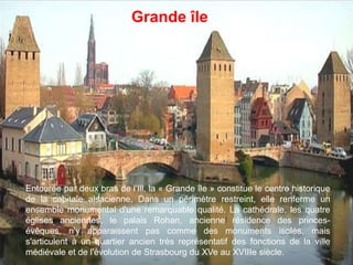 Grande îleEntourée par deux bras de l'Ill, la « Grande île » constitue le centre historique de la capitale alsacienne. Dans un périmètre restreint, elle renferme un ensemble monumental d'une remarquable qualité. La cathédrale, les quatre églises anciennes, le palais Rohan, ancienne résidence des princes-évêques, n'y apparaissent pas comme des monuments isolés, mais s'articulent à un quartier ancien très représentatif des fonctions de la ville médiévale et de l'évolution de Strasbourg du XVe au XVIIIe siècle. 