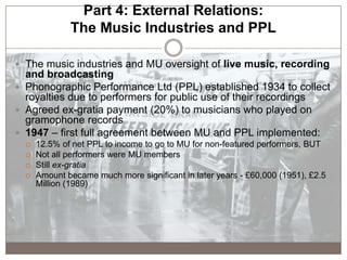 Part 4: External Relations:
The Music Industries and PPL
 The music industries and MU oversight of live music, recording
...