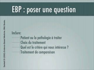 EBP : poser une question
Sackett DI (2000) Evidence Based Medicine. BMJ Books.




                                                        Inclure:
                                                               Patient ou la pathologie à traiter
                                                               Choix du traitement
                                                               Quel est le critère qui nous intéresse ?
                                                               Traitement de comparaison
 