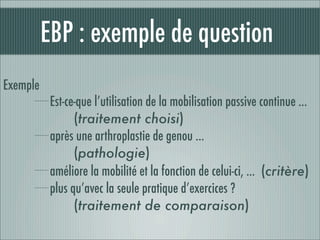 EBP : exemple de question
Exemple
           Est-ce-que l’utilisation de la mobilisation passive continue …
                 (traitement choisi)
           après une arthroplastie de genou …
                 (pathologie)
           améliore la mobilité et la fonction de celui-ci, … (critère)
           plus qu’avec la seule pratique d’exercices ?
                 (traitement de comparaison)
 