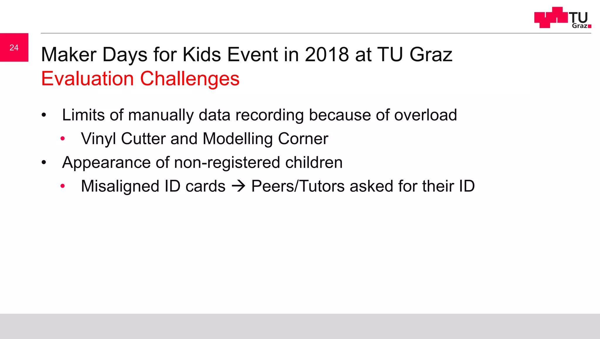 Maker Days for Kids Event in 2018 at TU Graz
Evaluation Challenges
24
• Limits of manually data recording because of overload
• Vinyl Cutter and Modelling Corner
• Appearance of non-registered children
• Misaligned ID cards  Peers/Tutors asked for their ID
 