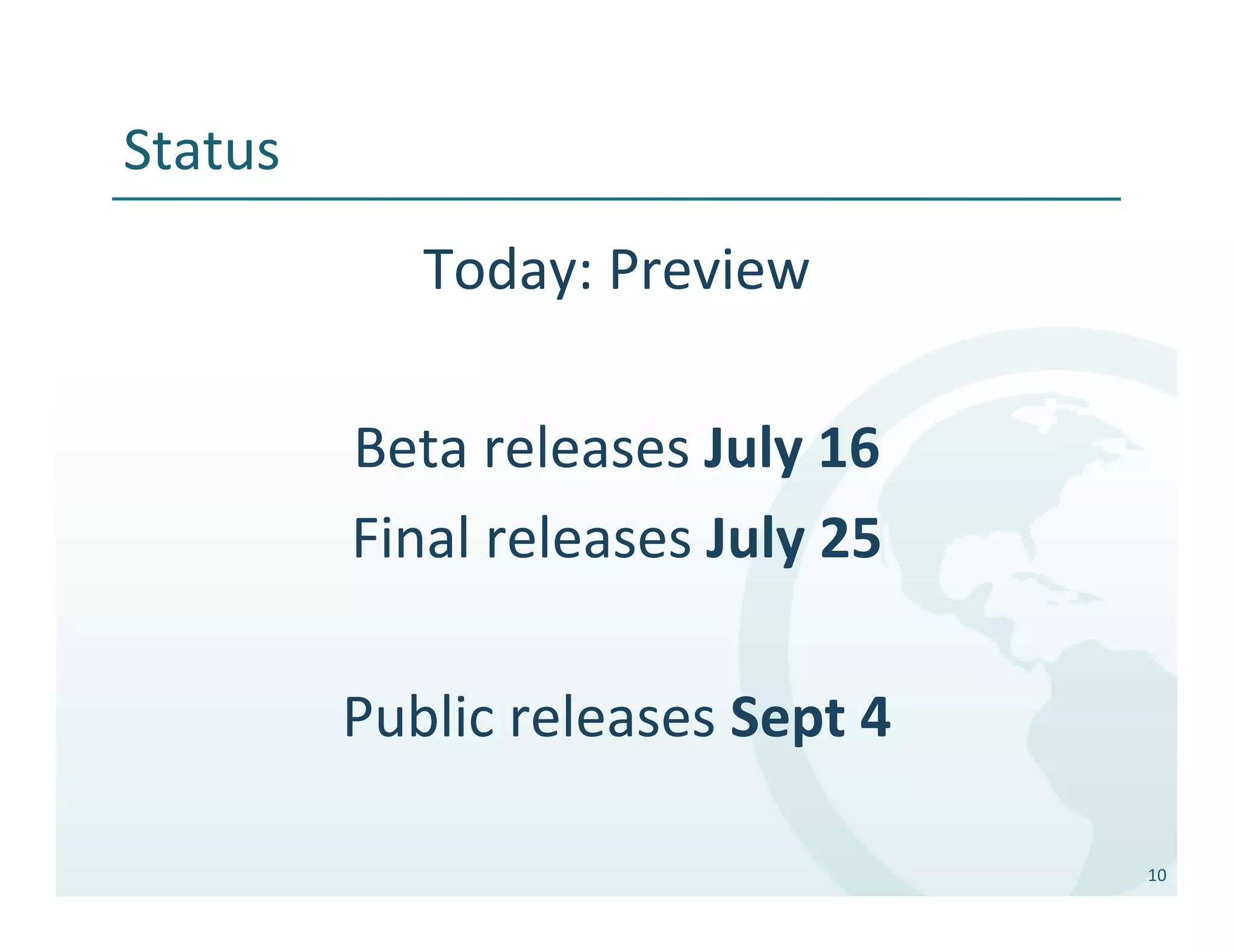 Status	
  
                Today:	
  Preview	
  
                           	
  
             Beta	
  releases	
  July	
  16	
  
             Final	
  releases	
  July	
  25	
  
                           	
  
             Public	
  releases	
  Sept	
  4	
  

                                                   10	
  
 
