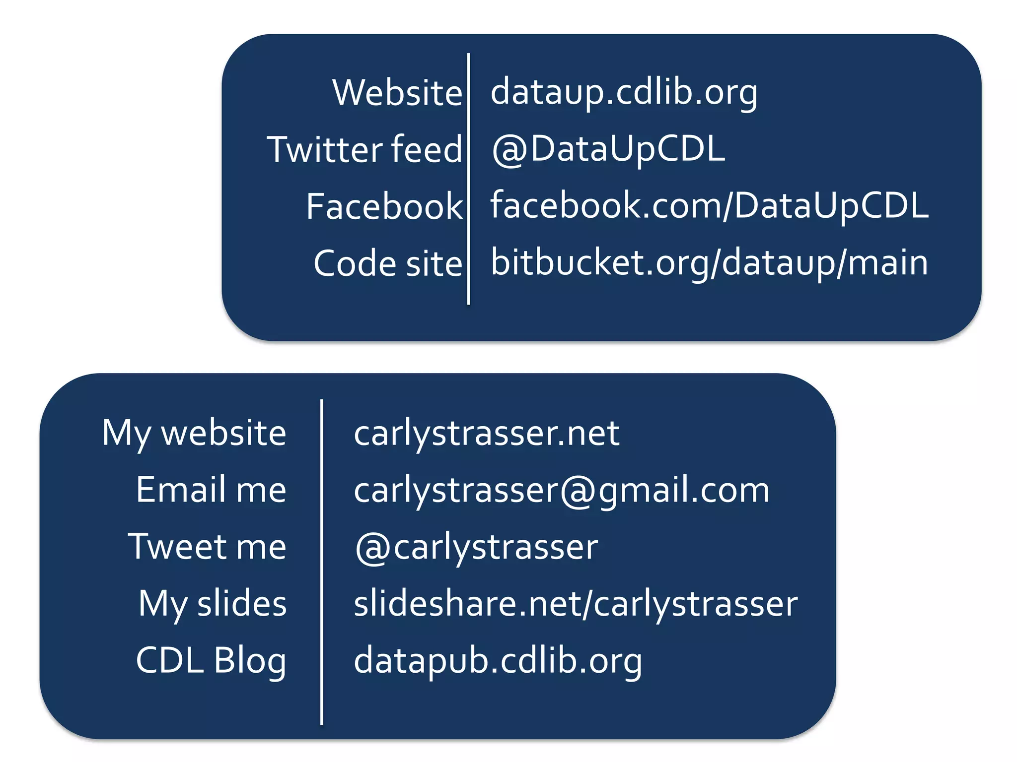 Website    dataup.cdlib.org
         Twitter feed   @DataUpCDL
           Facebook     facebook.com/DataUpCDL
           Code site    bitbucket.org/dataup/main



My website    carlystrasser.net
 Email me     carlystrasser@gmail.com
 Tweet me     @carlystrasser
  My slides   slideshare.net/carlystrasser
 CDL Blog     datapub.cdlib.org
 