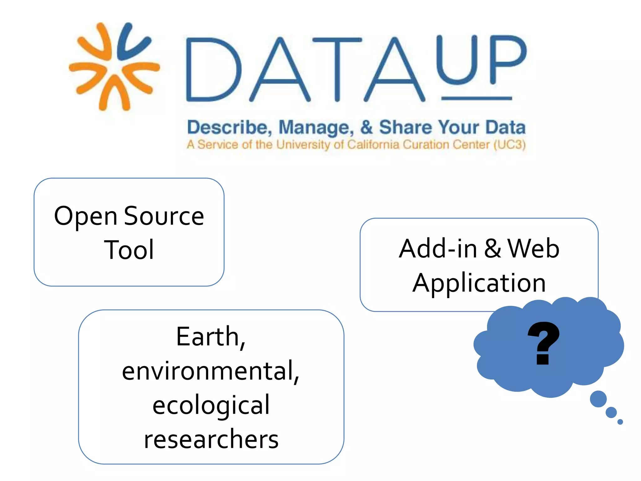 Open Source
   Tool              Add-in & Web
                      Application
         Earth,
    environmental,
                              ?
       ecological
      researchers
 