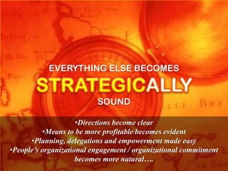 EVERYTHING ELSE BECOMES


                          SOUND

                     •Directions become clear
          •Means to be more profitable becomes evident
      •Planning, delegations and empowerment made easy
•People’s organizational engagement / organizational commitment
                     becomes more natural….
 