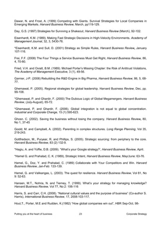 Dawar, N. and Frost, A. (1999) Competing with Giants. Survival Strategies for Local Companies in
Emerging Markets. Harvard Business Review, March, pp119-129.

Day, G.S. (1997) Strategies for Surviving a Shakeout, Harvard Business Review (March), 92-102.

Eisenhardt, K.M. (1989). Making Fast Strategic Decisions in High-Velocity Environments. Academy of
Management Journal, 32, 3, 5430-76.

*Eisenhardt, K.M. and Sull, D. (2001) Strategy as Simple Rules, Harvard Business Review, January
107-116.

Frei, F.F. (2008) The Four Things a Service Business Must Get Right, Harvard Business Review, 86,
4, 70-80.

Fried, V.H. and Oviatt, B.M. (1989). Michael Porter’s Missing Chapter: the Risk of Antitrust Violations,
The Academy of Management Executive, 3 (1), 49-56.

Garnier, J-P. (2008) Rebuilding the R&D Engine in Big Pharma, Harvard Business Review, 86, 5, 68-
77.

Ghemawat, P. (2005). Regional strategies for global leadership. Harvard Business Review, Dec, pp.
99-108.

*Ghemawat, P. and Ghardir, F. (2000) The Dubious Logic of Global Megamergers. Harvard Business
Review, (July-August), 65-72.

*Ghemawat, P. and Ghardir, F. (2006). Global integration is not equal to global concentration.
Industrial and Corporate Change, 15 (1) 595-623.

Ghosn. C. (2002). Saving the business without losing the company. Harvard Business Review, 80,
No 1, 37-45

Goold, M. and Campbell, A. (2002). Parenting in complex structures. Long Range Planning, Vol 35,
219-243.

Gottfredson, M., Puryear, R. and Phillips, S. (2005). Strategic sourcing: from periphery to the core.
Harvard Business Review, 83 (2) 132-9.

*Hagiu, A. and Yoffie, D.B. (2009). “What’s your Google strategy?’, Harvard Business Review, April.

*Hamel G. and Prahalad, C. K. (1989), Strategic Intent, Harvard Business Review, May/June: 63-76.

Hamel, G., Doz, Y. and Prahalad, C. (1989) Collaborate with Your Competitors and Win. Harvard
Business Review, Jan-Feb: 133-139.

Hamel, G. and Valikangas, L. (2003). The quest for resilience. Harvard Business Review, Vol 81, No
9: 52-63.

Hansen, M.T., Nohria, N. and Tierney, T. (1999). What’s your strategy for managing knowledge?
Harvard Business Review, Vol 77, No 2: 106-116

Harris, S. and Carr, C.H. (2008). “National cultural values and the purpose of business” (Co-author S.
Harris), International Business Review, 17, 2008:103-117.

Hout,T., Porter, M.E and Rudden, K.(1982) “How global companies win out”, HBR Sep-Oct, 98-


Putting you at the heart of business              23                                    Corporate Strategy
 