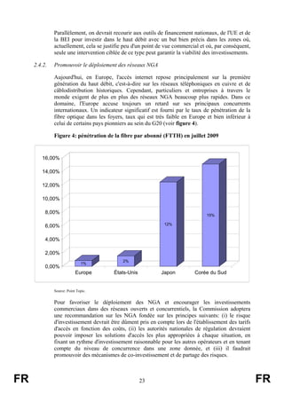 Parallèlement, on devrait recourir aux outils de financement nationaux, de l'UE et de
la BEI pour investir dans le haut débit avec un but bien précis dans les zones où,
actuellement, cela se justifie peu d'un point de vue commercial et où, par conséquent,
seule une intervention ciblée de ce type peut garantir la viabilité des investissements.
2.4.2.

Promouvoir le déploiement des réseaux NGA
Aujourd'hui, en Europe, l'accès internet repose principalement sur la première
génération du haut débit, c'est-à-dire sur les réseaux téléphoniques en cuivre et de
câblodistribution historiques. Cependant, particuliers et entreprises à travers le
monde exigent de plus en plus des réseaux NGA beaucoup plus rapides. Dans ce
domaine, l'Europe accuse toujours un retard sur ses principaux concurrents
internationaux. Un indicateur significatif est fourni par le taux de pénétration de la
fibre optique dans les foyers, taux qui est très faible en Europe et bien inférieur à
celui de certains pays pionniers au sein du G20 (voir figure 4).
Figure 4: pénétration de la fibre par abonné (FTTH) en juillet 2009

16,00%
14,00%
12,00%
10,00%
8,00%

15%
12%

6,00%
4,00%
2,00%
0,00%

1%

Europe

2%

États-Unis

Japon

Corée du Sud

Source: Point Topic.

Pour favoriser le déploiement des NGA et encourager les investissements
commerciaux dans des réseaux ouverts et concurrentiels, la Commission adoptera
une recommandation sur les NGA fondée sur les principes suivants: (i) le risque
d'investissement devrait être dûment pris en compte lors de l'établissement des tarifs
d'accès en fonction des coûts, (ii) les autorités nationales de régulation devraient
pouvoir imposer les solutions d'accès les plus appropriées à chaque situation, en
fixant un rythme d'investissement raisonnable pour les autres opérateurs et en tenant
compte du niveau de concurrence dans une zone donnée, et (iii) il faudrait
promouvoir des mécanismes de co-investissement et de partage des risques.

FR

23

FR

 