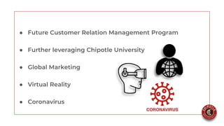 ● Future Customer Relation Management Program
● Further leveraging Chipotle University
● Global Marketing
● Virtual Reality
● Coronavirus
 