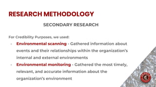 SECONDARY RESEARCH
For Credibility Purposes, we used:
- Environmental scanning - Gathered information about
events and their relationships within the organization’s
internal and external environments
- Environmental monitoring - Gathered the most timely,
relevant, and accurate information about the
organization’s environment
RESEARCH METHODOLOGY
 