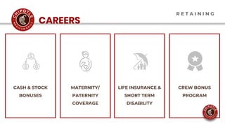 CASH & STOCK
BONUSES
MATERNITY/
PATERNITY
COVERAGE
LIFE INSURANCE &
SHORT TERM
DISABILITY
CREW BONUS
PROGRAM
CAREERS
R E T A I N I N G
 