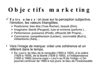 Objectifs marketing Faire aimer : on joue sur la perception subjective, l’émotion, les valeurs intangibles. Positivisme: bien être (Yves Rocher), beauté (Dim),  Imaginaire: liberté (Peugeot), luxe et onirisme (parfums )… Performance: puissance (Pirelli), efficacité (Mr Propre)… Connivence: compréhension (Leclerc), convivialité (Bud’s), militantisme (Adia)… Vers l’image de marque: créer une cohérence et un référent dans le temps. Ex: Levi’s: du bleu de la conquête (1850 à 1920), à la colère (1929 à 1939), de la liberté (1939 à 1950), à l’indépendance (1950 à 1989) (source expo « Levi’s au fil de l’indigo ») On pourrait continuer de 1989 à nos jours: le bleu de l’insaisissable 