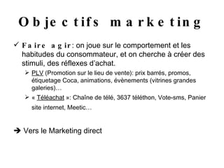 Objectifs marketing Faire agir : on joue sur le comportement et les habitudes du consommateur, et on cherche à créer des stimuli, des réflexes d’achat. PLV  (Promotion sur le lieu de vente): prix barrés, promos, étiquetage Coca, animations, évènements (vitrines grandes galeries)… «  Téléachat  »: Chaîne de télé, 3637 téléthon, Vote-sms, Panier site internet, Meetic…      Vers le Marketing direct 