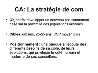CA: La stratégie de com Objectifs : développer un nouveau positionnement basé sur la proximité des populations urbaines Cibles : urbains, 25-55 ans, CSP moyen plus Positionnement  : une banque à l’écoute des différents besoins de sa cible, de leurs évolutions, qui privilégie le côté humain et moderne de ses conseillers. 